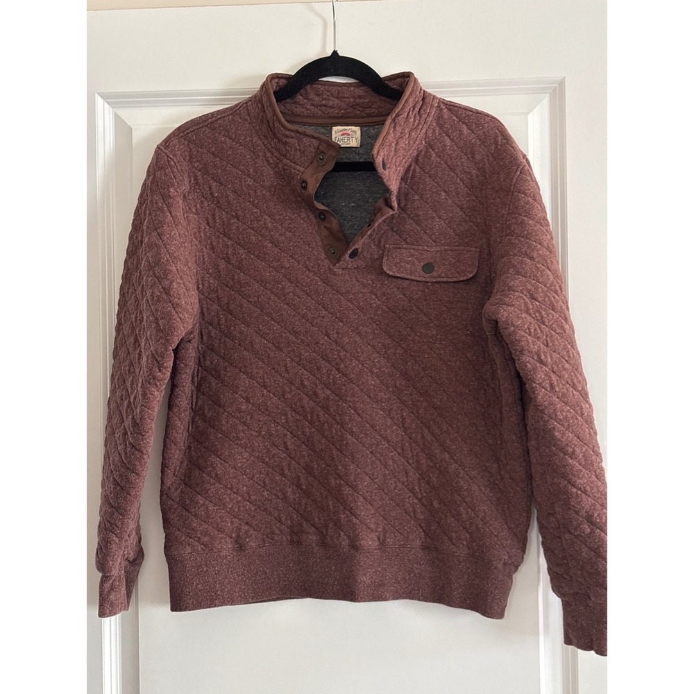 Faherty Brand Epic Quilted Fleece Pullover Burgundy Brown Heather Snap Mock Neck - Picture 2 of 5